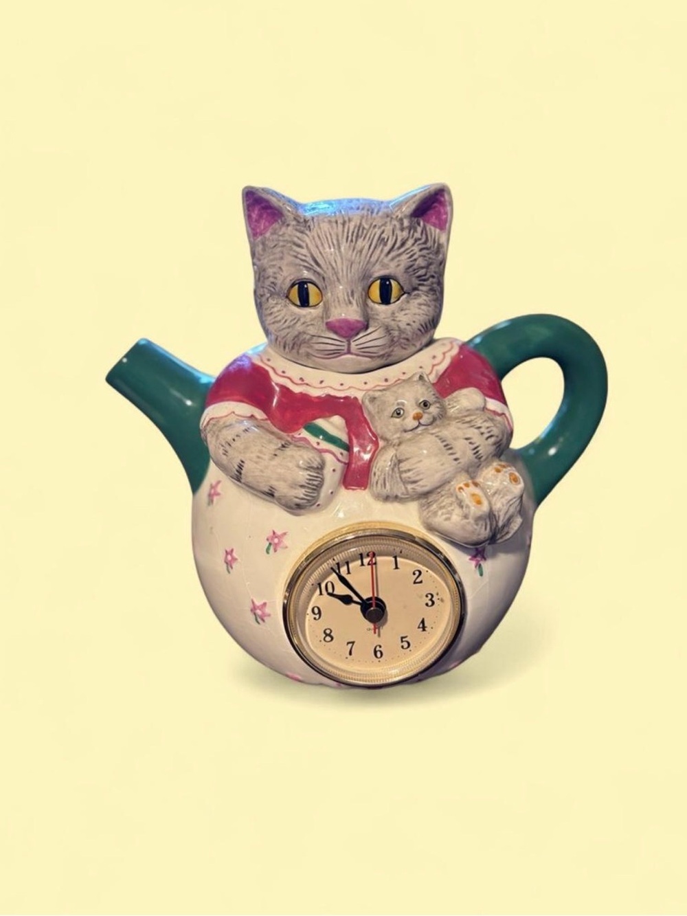 Vintage Ceramic Cat Teapot Clock - White and Green